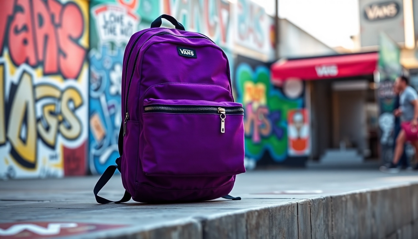 Accede a la mochila vans morada con diseño estilizado y moderno en fondo urbano.