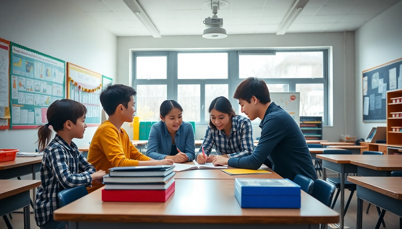 Enhance Education by showcasing active learning among engaged students in a vibrant classroom.