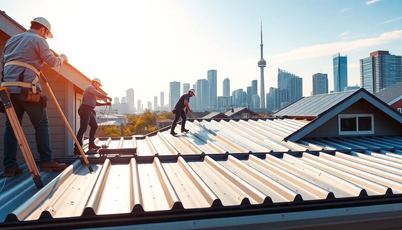Installers showcasing durable metal roofing toronto in a vibrant urban setting with skyline.