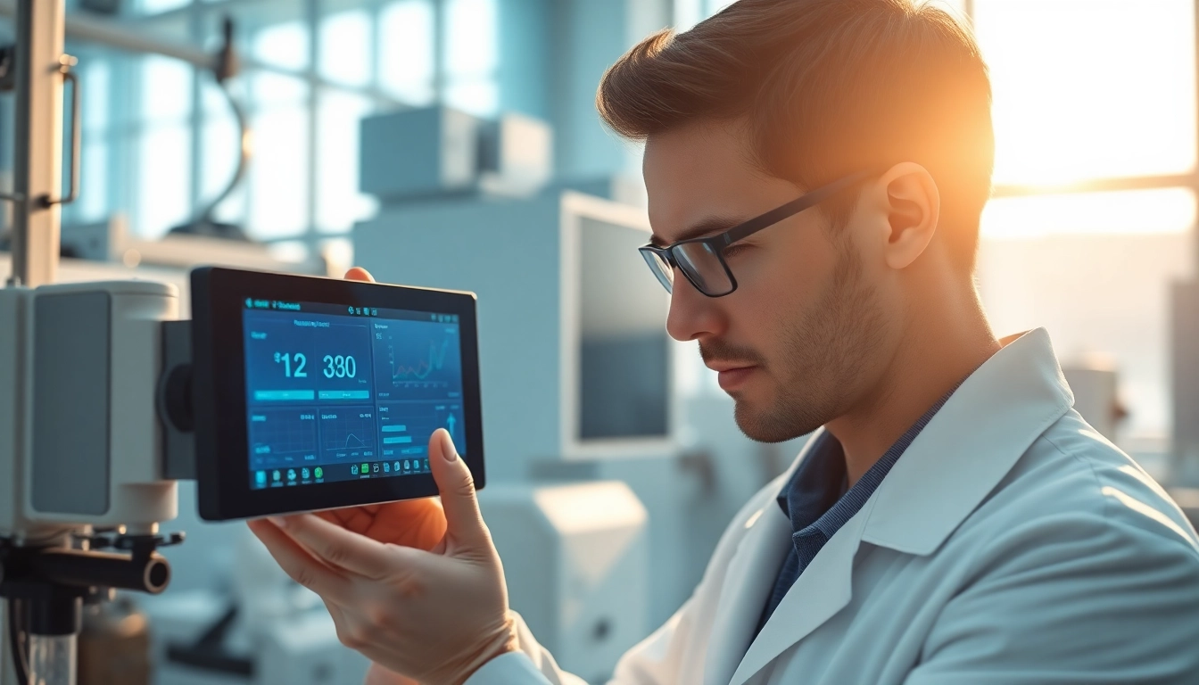 Lab technician examining the das 140 device in a bright laboratory.