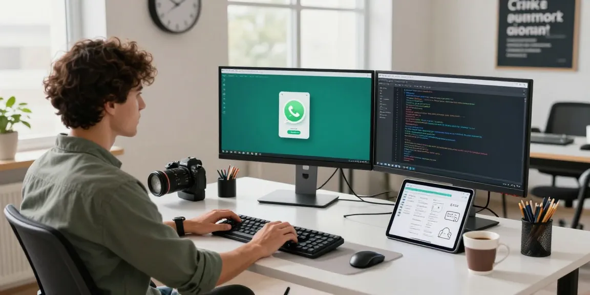 Engaging workspace with a developer coding WhatsApp下載 on multiple screens, showcasing a dynamic tech environment.