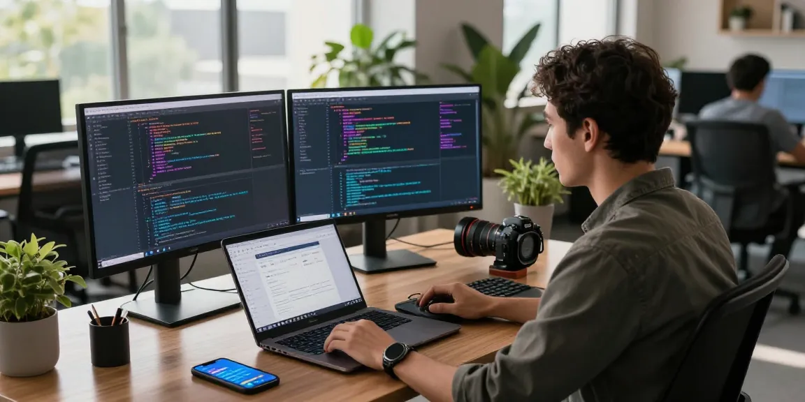 Exploring 纸飞机下载 in a modern tech workspace, a developer focused on coding amidst dual monitors and creative tools.