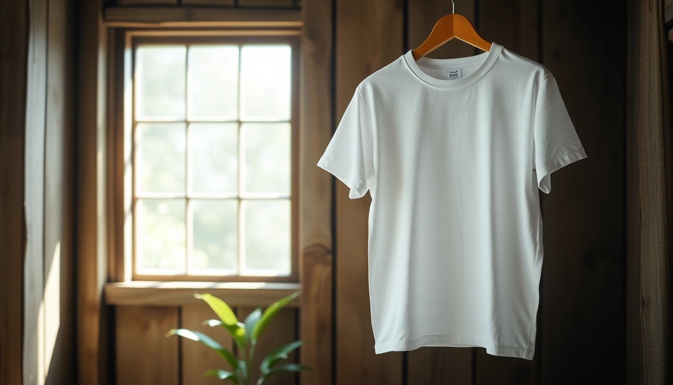 Showcase of a blank white t shirt in a rustic setting with natural lighting.