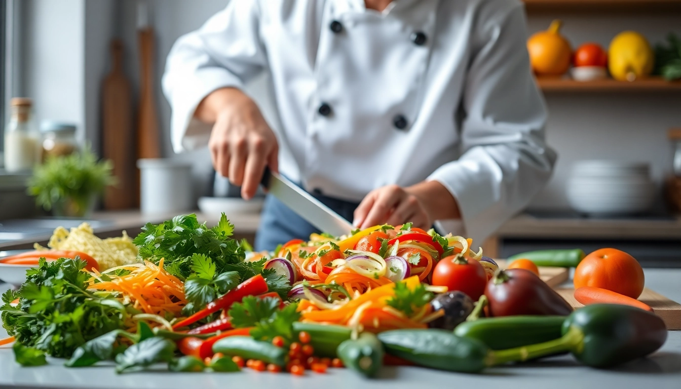 Discover curated dish facts while a chef skillfully prepares a vibrant, healthy meal.