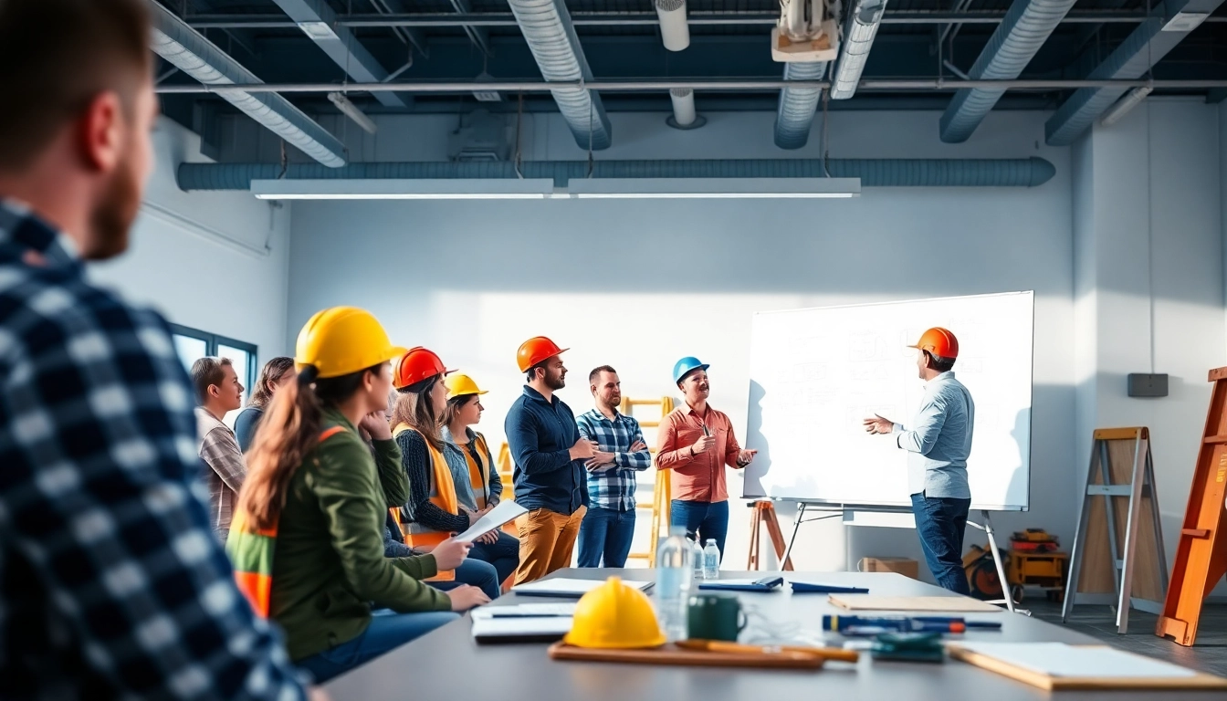Participants engaged in construction training with a professional instructor demonstrating techniques.