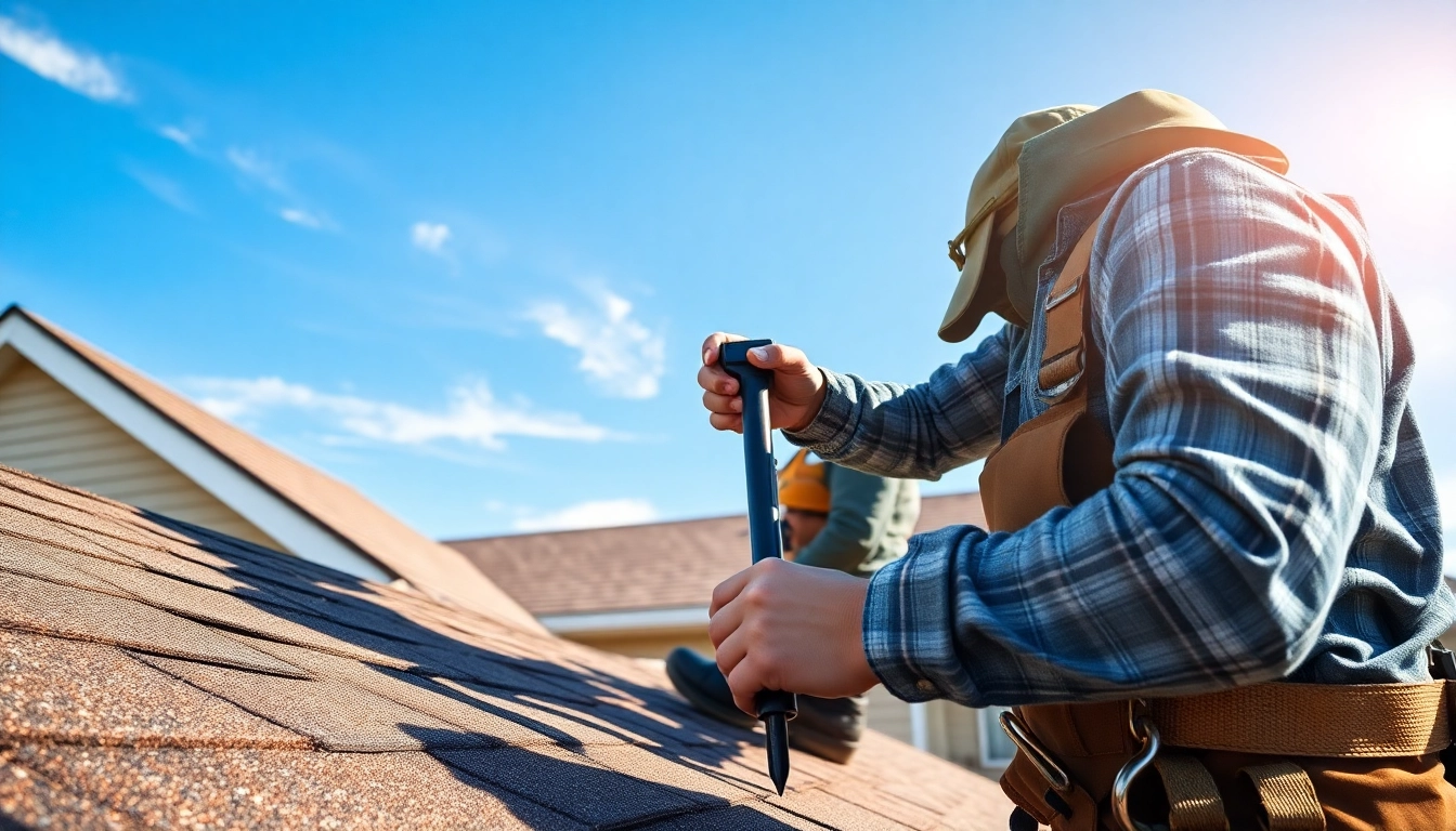 Roof repair process being performed by a professional contractor on a residential property.