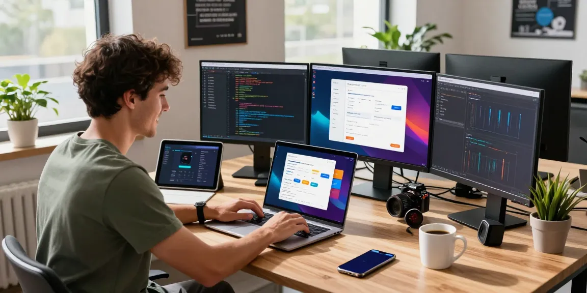 Engaging workspace for developing 纸飞机中文版 app, featuring a developer surrounded by tech gadgets.