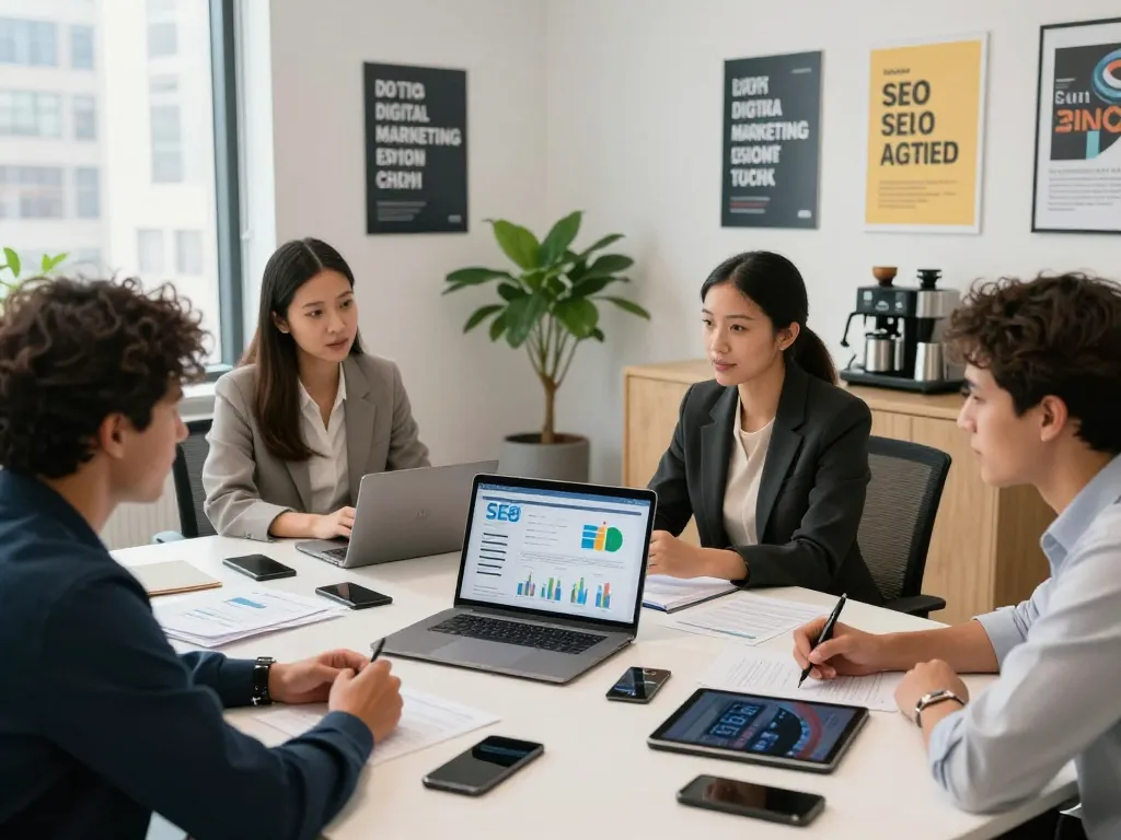 Team discussing strategies at an SEO company in NYC, showcasing collaboration and technology.