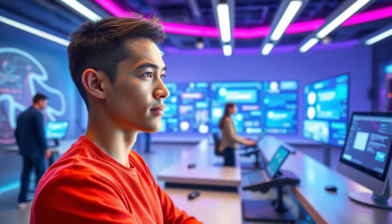 Engaging live avatar in a tech environment with interactive digital tools.