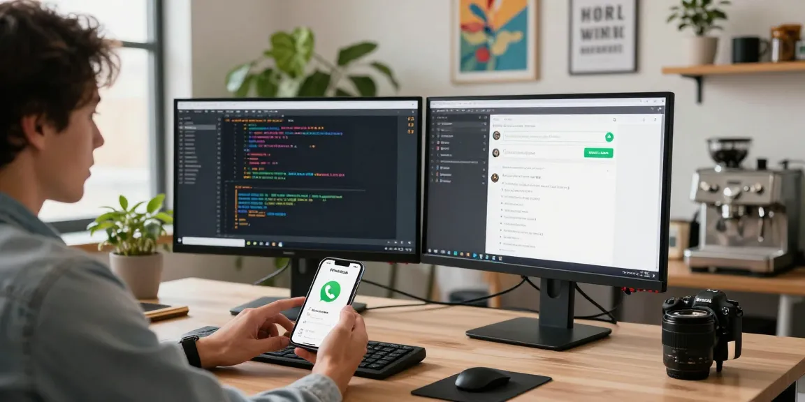 WhatsApp下載 interface on smartphone in a modern tech office setting.