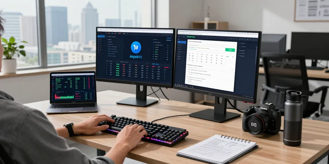 Legit cloud mining platform workspace featuring dual monitors, crypto charts, and AngelBTC interface in a professional office.
