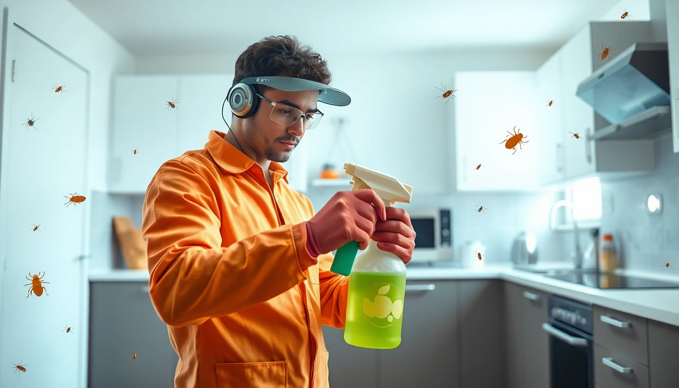 How to get rid of insects fast service illustrated with a pest control technician in a bright kitchen.