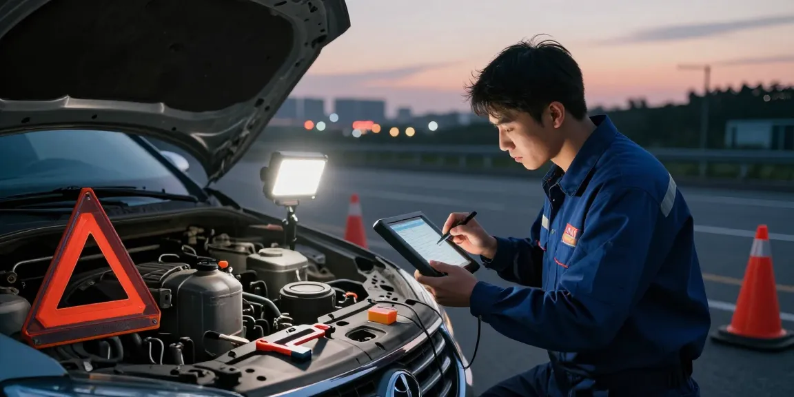 Technician diagnosing Adblue in diesel car contamination on roadside at dusk, showcasing professionalism and urgency.
