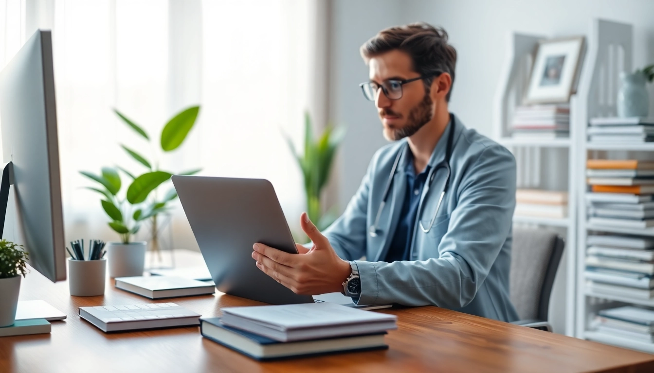 Engaging psychiatrist providing psychiatry care India during a virtual consultation in a cozy office.