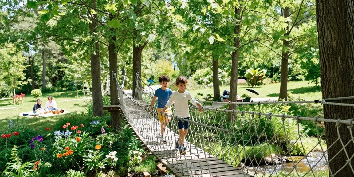 Children crossing a rope bridge design in a lush forest, showcasing fun family adventures.
