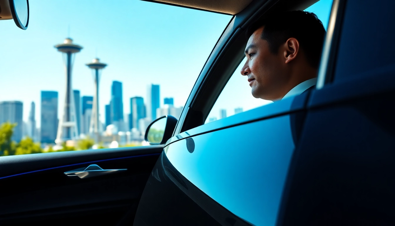 Experience seattle to vancouver car service with a luxury sedan parked near Seattle skyline.