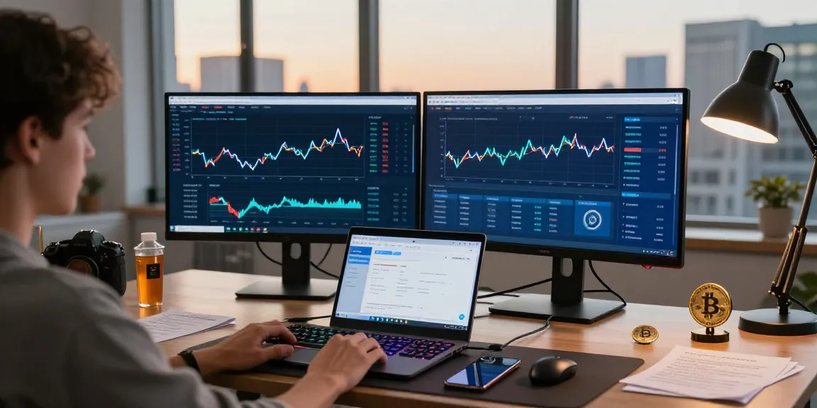 Bitcoin mining online workspace featuring monitors with cryptocurrency dashboards, showcasing safe and innovative mining practices.