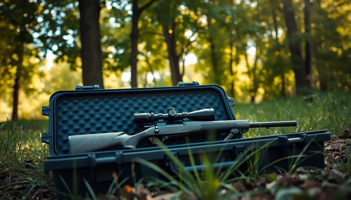 Showcase a pelican rifle case with a rifle inside, set in a cozy outdoor environment.
