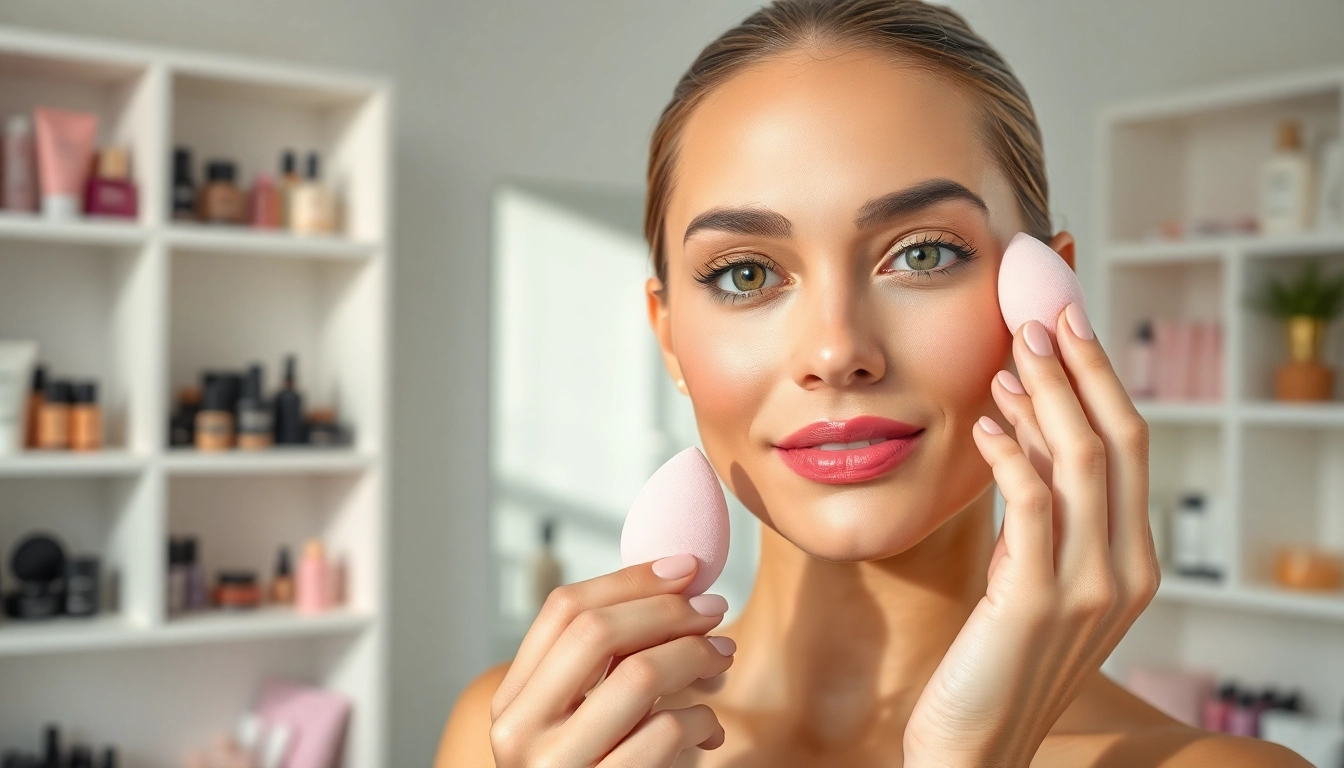 Applying silicone sponge makeup for a flawless finish in a bright beauty studio.