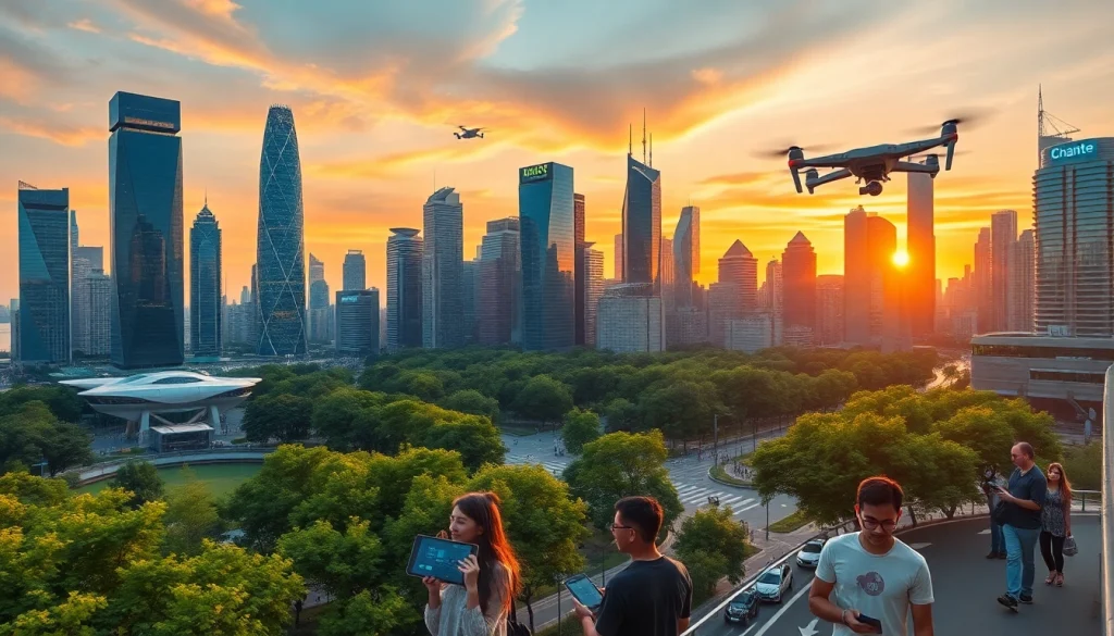 Innovative scenes of Technology in a futuristic urban landscape with people interacting with devices.