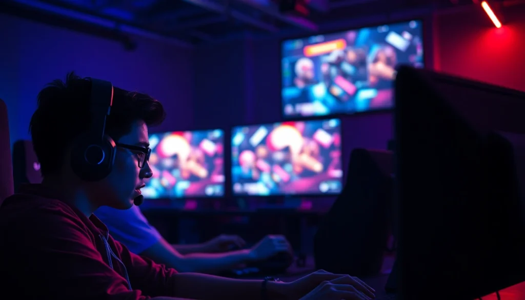 Bermain daftar lapak303 game dengan fokus dan semangat di ruangan gaming modern yang terang.