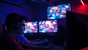 Bermain daftar lapak303 game dengan fokus dan semangat di ruangan gaming modern yang terang.