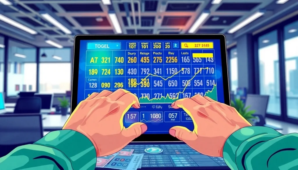 Mengamati angka togel online di layar digital dalam suasana penuh semangat.