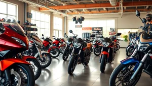 Motorradhändler präsentiert eine Auswahl glänzender Motorräder in einem einladenden Showroom.