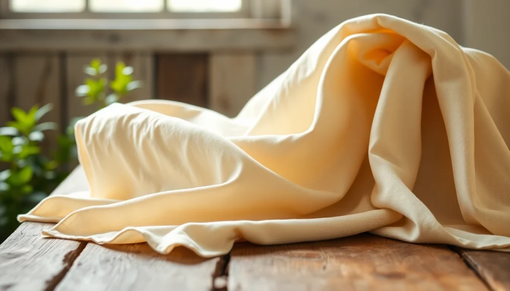 Ongebleekt katoen stof mooi gepresenteerd op een rustieke houten tafel.