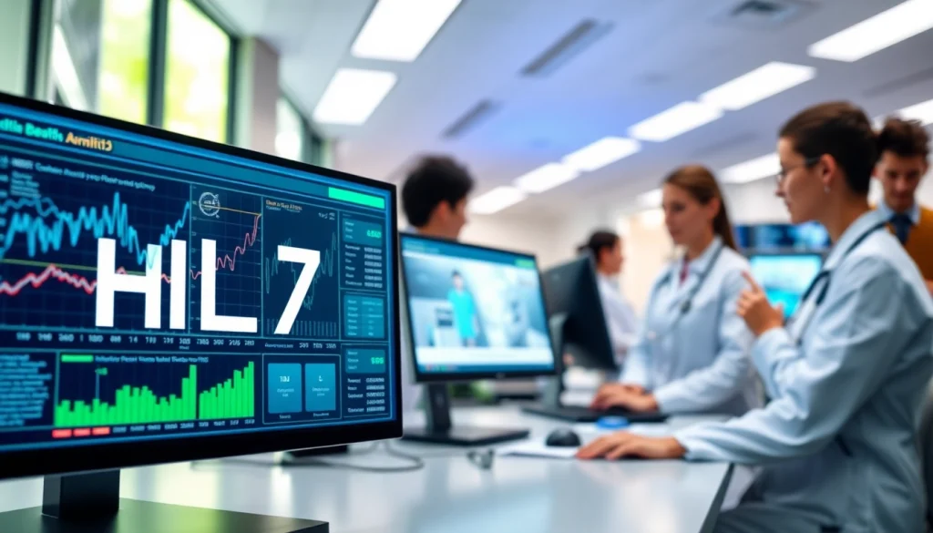 Veranschaulicht HL7 Interface mit Datenfluss in einer modernen Gesundheitsumgebung.