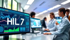 Veranschaulicht HL7 Interface mit Datenfluss in einer modernen Gesundheitsumgebung.