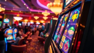 Menang besar di situs slot dengan mesin slot berkilauan dan suasana kasino yang meriah.