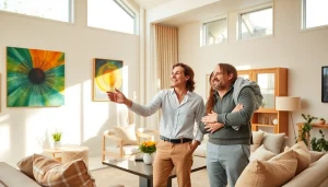 Real Estate agent guiding couple through a stylish home interior, showcasing engagement and warmth.