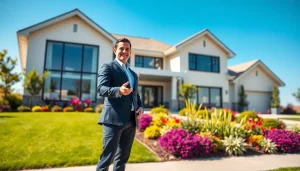 Promote Real Estate agent presenting a stunning modern home with vibrant landscaping.