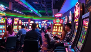 Menggambarkan suasana permainan slot link tank4d toto slot yang penuh warna di kasino modern.
