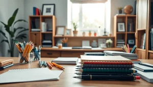 Shop for high-quality stationery online uk with a creative workspace display of pens and notebooks.