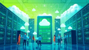 Illustration of hybrid cloud solutions featuring diverse IT professionals collaborating around advanced data systems.