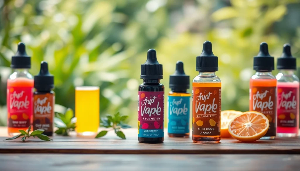 Liquid in bunten Flaschen, aromatische Vape-Aromen auf einem Tisch präsentiert.