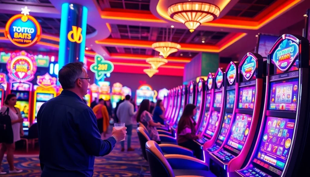 Menampilkan bandar toto 4d slot dengan mesin slot yang berwarna-warni dan suasana ramai.