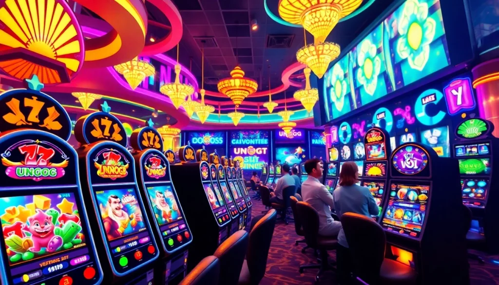 Menangkan pengalaman menarik bermain Unogg slot game dengan mesin slot berwarna-warni dan suasana kasino.