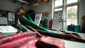 Punta di Roma textiel met luxe texturen in een modeontwerpstudio.