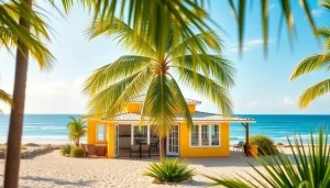 Relax in the coastal cabana, a cheerful beach house with stunning ocean views and palm trees.