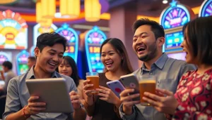 Bermain koi800 togel dengan semangat di kasino modern yang sibuk dan berwarna-warni.