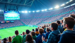 스포츠중계를 활기적인 관중 속에서 방송하는 장면입니다.