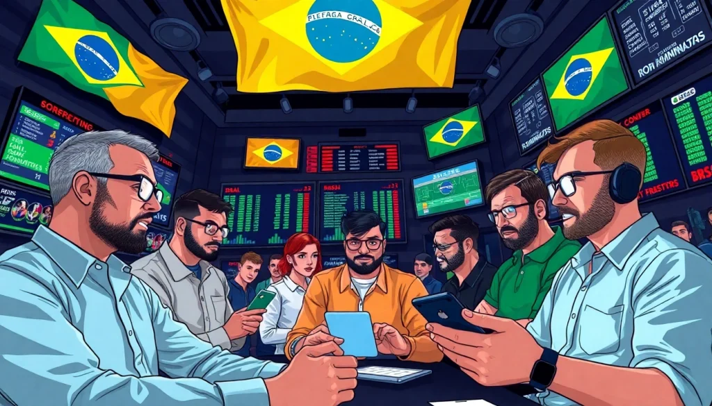 Engaging scene of sports betting Brazil with bettors analyzing odds and statistics.