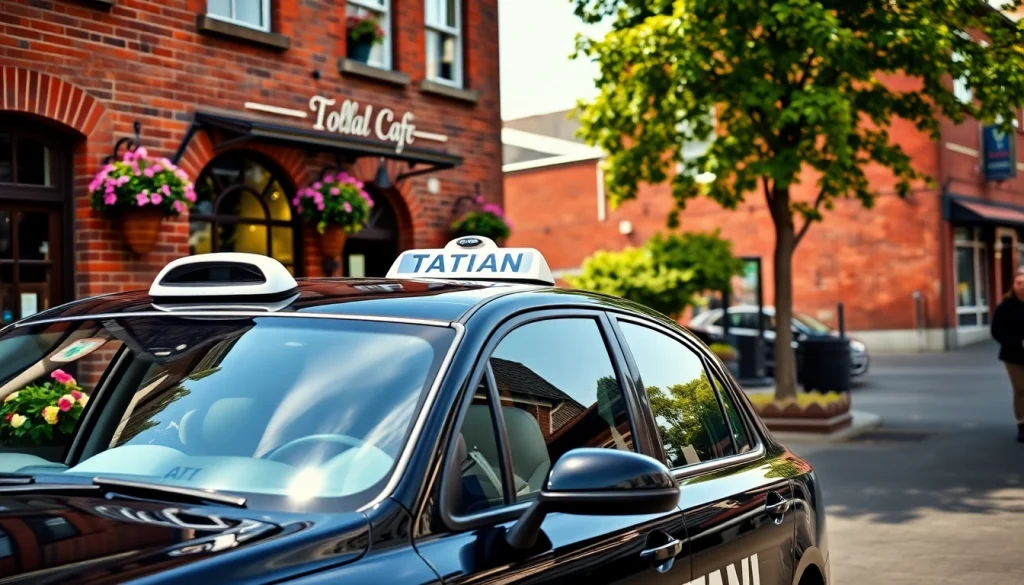 Book a West bridgford Taxi parked at a lively café, showcasing a welcoming atmosphere.