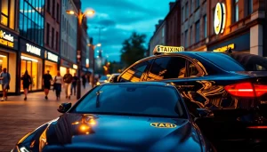 Catch a West bridgford Taxi parked in a vibrant urban street, radiating evening city energy.