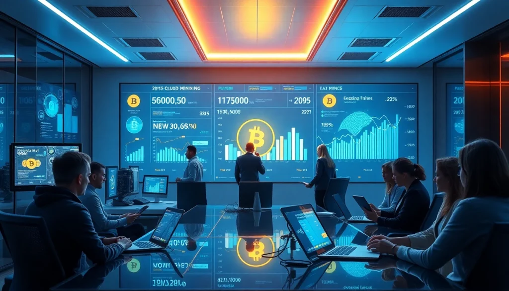 Dynamic office scene highlighting bitcoin cloud mining with professionals analyzing cryptocurrency data.