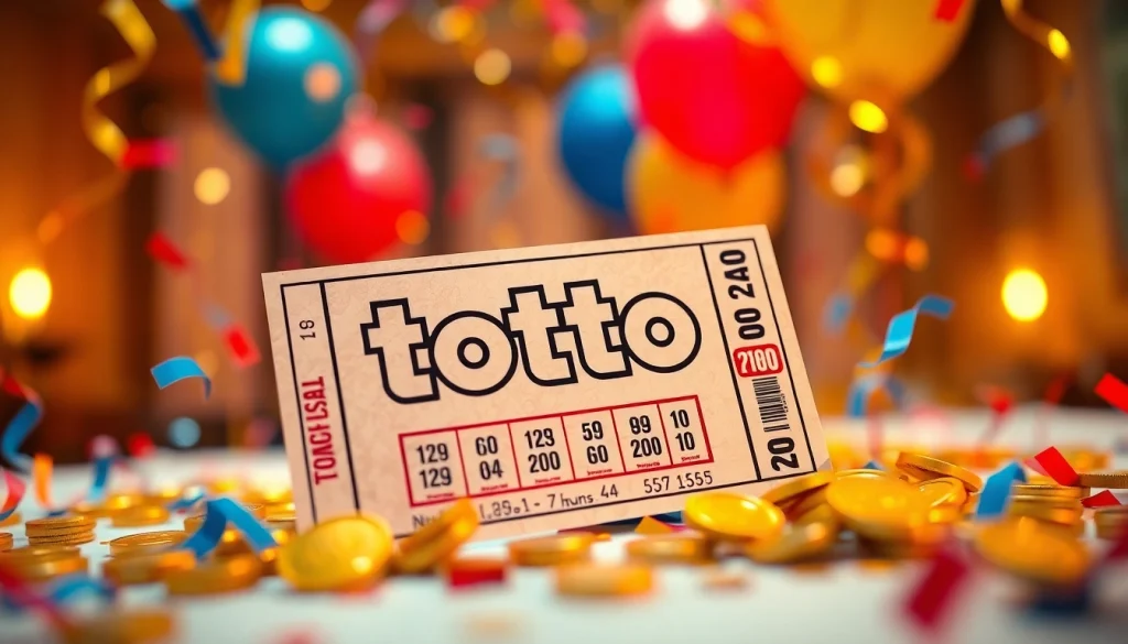 Tiket lotto dengan tulisan toto togel dikelilingi koin emas dan confetti.