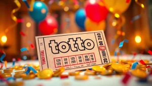 Tiket lotto dengan tulisan toto togel dikelilingi koin emas dan confetti.